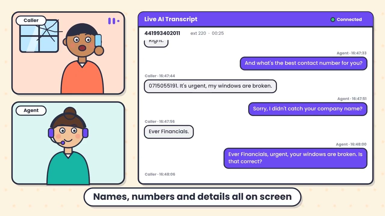 Live AI Transcript for nCall: caller and agent on the left, the live transcript window on the right with names, numbers and details on screen